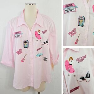 Vintage 50s Theme Pink Striped Button Down Shirt Sockhop Retro Embroidery XL NWT